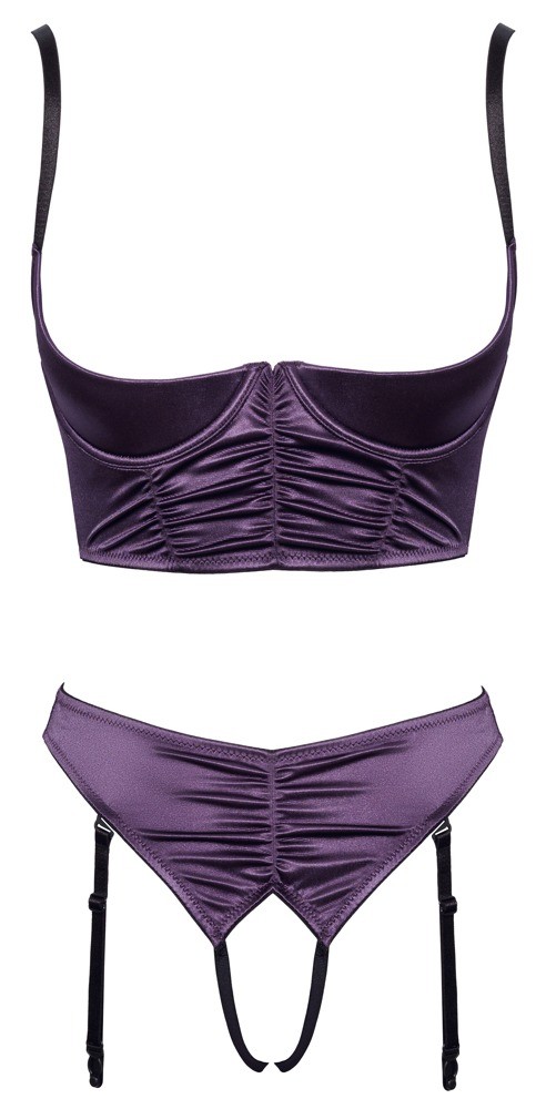 Åben BH plus trusse med seler af stretch satin i ædel lilla med sorte detaljer