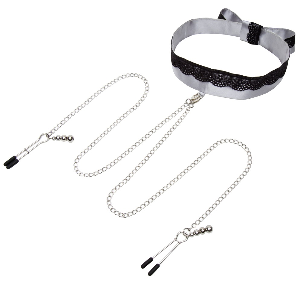 Halsbånd med brystvorteklemmer Halsband mit Nippelklemmen âPlay Nice Satin Collar & Nipple Clampsâ